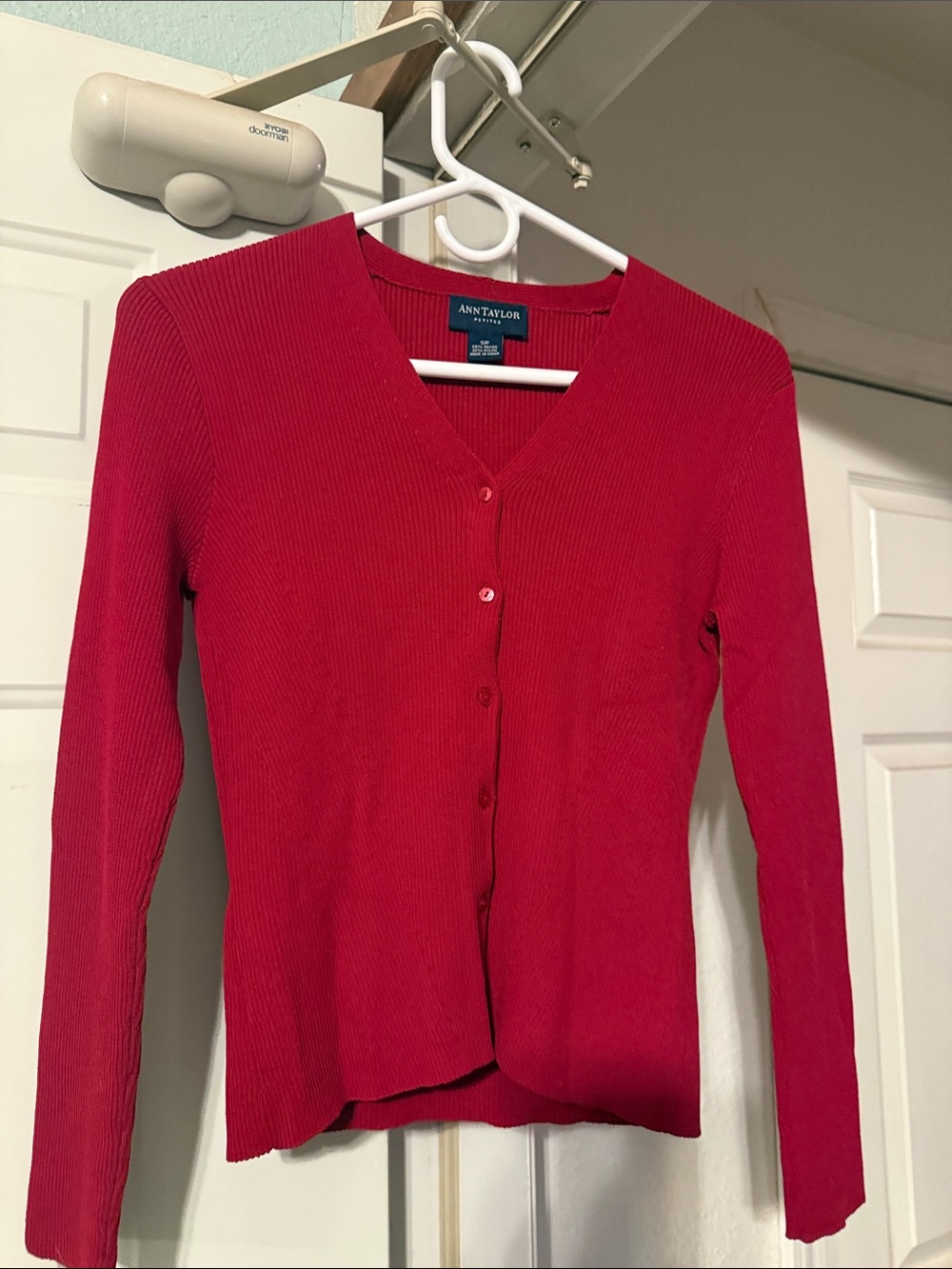 Ann Taylor Red Ribbed V-Neck Button-Up Cardigan